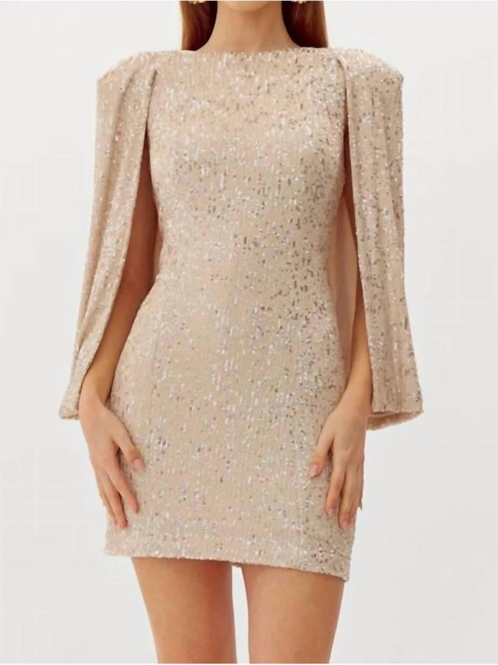 Adelyn Rae Champagne Sequin Cape-Sleeve Mini Dress
